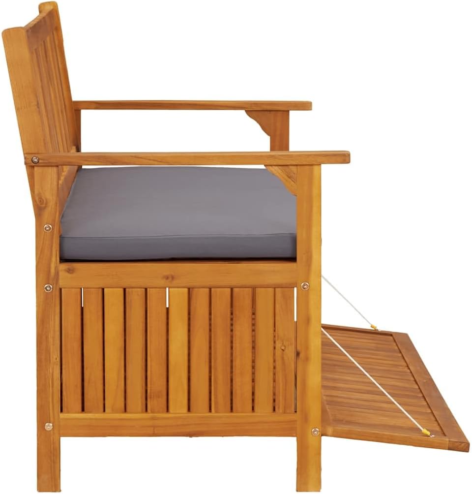 Solid Acacia Wood Patio Storage Bench 47.2 Inch with Seat Cushion, Wooden Outdoor Bench with Large Storage Compartment and Armrests