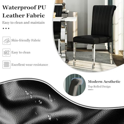 Asday Black and Silver Dining Chairs Set of 2, Modern Faux Leather Upholstered Dining Room Chairs with High Back and Metal Chrome Legs for Kitchen, Living Room, Restaurant, Apartment