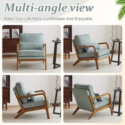VINGLI Upgraded Premium Corduroy Accent Chair,Upholstered Arm Chair,Solid Wood Comfy Reading Chair with Pillow, Mid Century Modern Chairs for Living Room,Bedroom,Guest Room,Light Teal