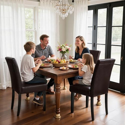 SyMax Dining Chairs Set of 4, Faux Leather Upholstered Dining Room Chairs, Modern Parsons Kitchen Chairs with Wood Legs, Brown (Only Chairs)