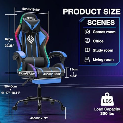 RGB Gaming Chair with Bluetooth Speakers and LED Lights Computer Chair-Blue | Ergonomic Massage Game Chair with Footrest High Back Music Video Game Chair for Adults Boys Gamer Chairs with Lumbar Support