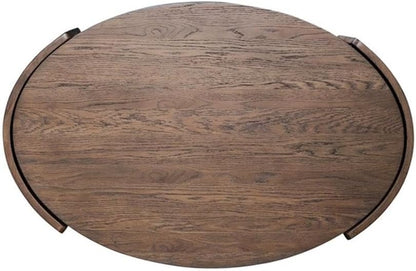 Pemberly Row 3 Piece Living Room Table Set, Rubberwood and Oak Veneer, Coffee Brown Finish, Includes Oval Cocktail Table with Casters and 2 Round End Tables, Basketweave Design, Shelves, Contemporary