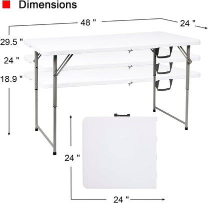 2-PCS 48" W x 24" D x 29.5" H - 4FT White Folding Table Heavy Duty Portable, Plastic Folding Utility Folding Table for Camping, Picnics & Parties
