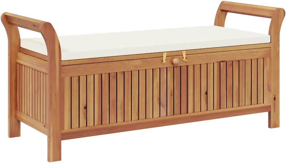 Wooden Garden Storage Bench 49.6" Solid Acacia Patio Storage Bench with Cushion, Outdoor with Curved Arms and Extra Seat Cushion