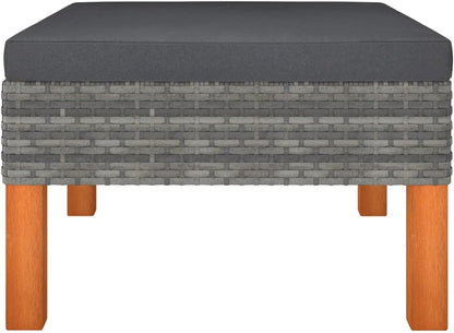 vidaXL Outdoor Footstool - Gray Poly Rattan and Solid Eucalyptus - Steel Frame with Removable and Washable Cushion Cover