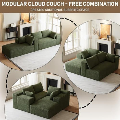 ONEMMLION 96" L-Shaped Cloud Couch Sofa with Chaise, Green | Corduroy Comfy Fluffy Modular Deep Seat Memory Foam Compressed Sectional Sofa for Living Room Oversized Left Facing Chaise