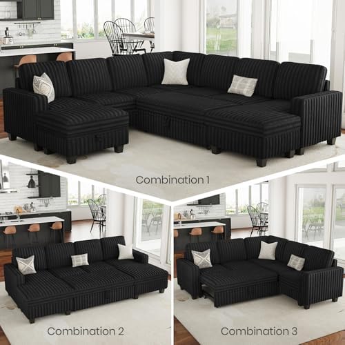 Belffin Corduroy Sleeper Sofa Bed with Storage Chaise Modular Sectional Sofa Couch with Pull Out Bed L Shaped Sectional Couches for Living Room Black Couch