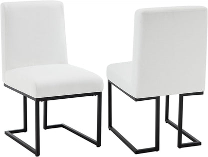 Upholstered Dining Chairs Set of 2, Modern Linen Fabric Kitchen & Dining Room Chairs with Metal Legs, Cuverd Back Comfy Side Chair for Dinner, Living Room, Reception, White