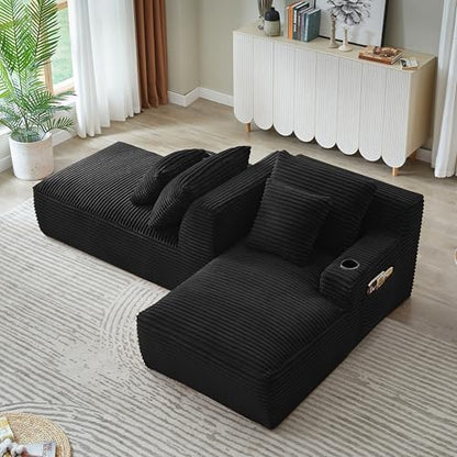 Eafurn Oversized Double Chaise Lounge Indoor with Cup Holders & Side Pocket, 71" Plush Corduroy Floor Chaise Lounge Sofa with High Density Sponge & Deep High Seat Comfy Sleeper Couch Bed