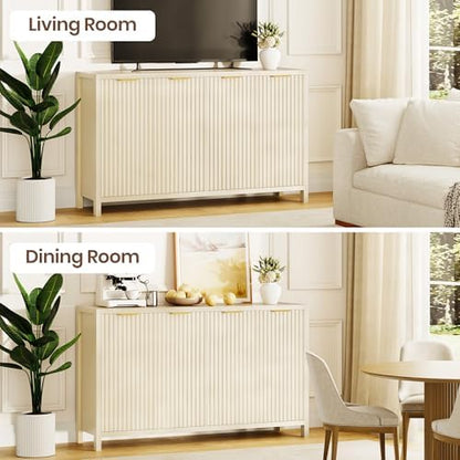 Fluted Buffet Cabinet with Storage, 55" Sideboard Cabinet with 4 Doors, Modern Credenza Accent Console Cabinet Coffee Bar Table for Living Room Dining Room Hallway, Natural