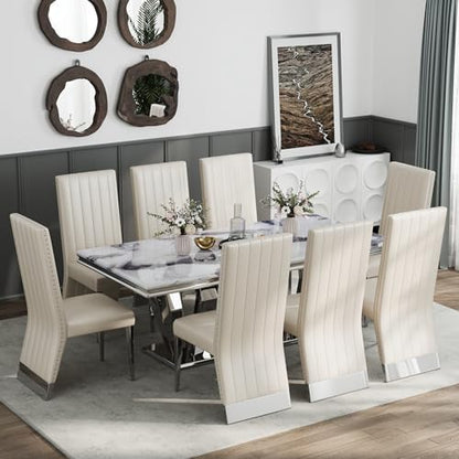 AUZ Modern White Leather Dining Chairs with Silver Mirrored Legs, Set of 2 | White Upholstered Leather Kitchen Room Chairs, High Back with Nailhead Trim, Polished Chrome Stainless Steel Legs