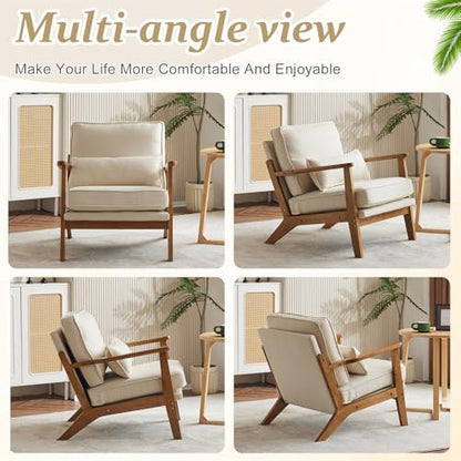 VINGLI Solid Wood Wide Armrests Accent Chair,Upholstered Mid Century Modern Chair with Pillow,Comfy Reading Chair Farmhouse Arm Chair,Chairs Living Room,Bedroom,Guest Room,Linen Fabric,Beige