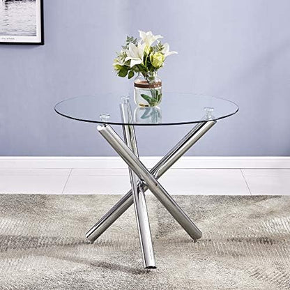 36" Luxury Silver Glass Dining Room Table Set for 4, 5-Piece Round Kitchen Dining Table Set with Cross Metal Legs and 4 Beige Velvet Upholstered Chairs, Glass Kitchen Table and Chairs Set