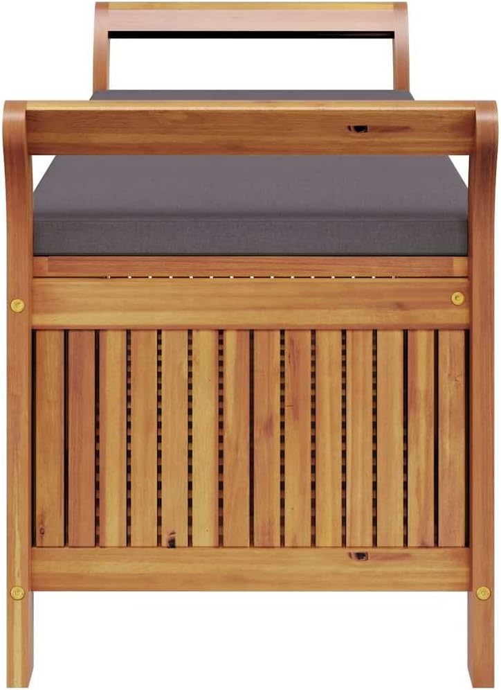 Garden Storage Bench with Dark Grey Cushion, Solid Acacia Wood Outdoor Storage Seat for Patio Balcony and Terrace, 2-Seater Wooden Deck Bench with Under-Seat Storage, Brown Finish