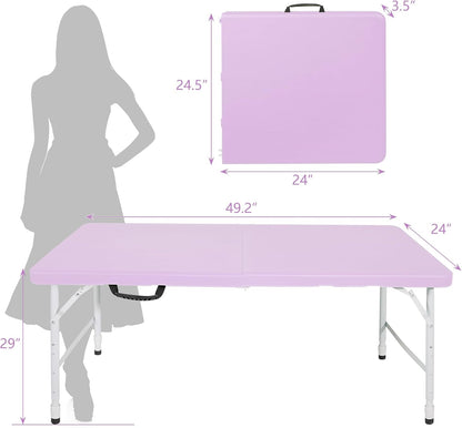 4 FT Folding Table with Carry Handle, Portable Fold-in-Half Plastic Table, Rectangle Foldable Table for Indoor/Outdoor Light Purple