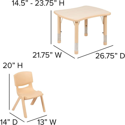Flash Furniture 26.5x21.75 in Activity Table with 4 Chairs, Natural | Adjustable Height Table, Plastic, Durable Construction, Commercial Use