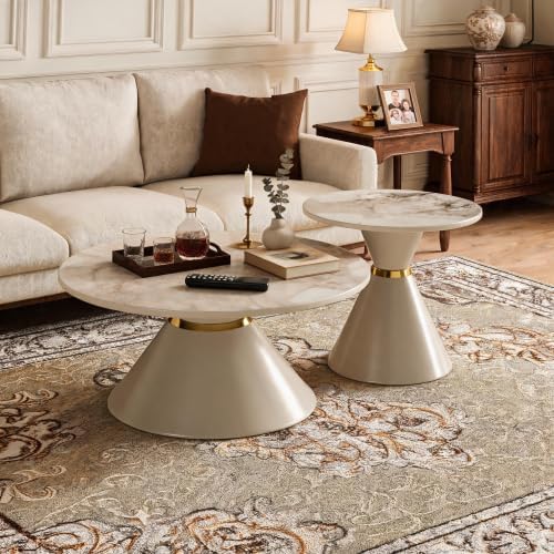 Set of 2 Nesting Coffee Table Round Faux Marble Top Coffee Tables with Base | Conical Base Nesting Coffee Table Set of 2, Round Marble‑Effect Top Stackable Coffee Tables for Small Space Living Room