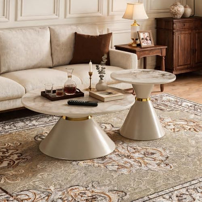 Set of 2 Nesting Coffee Table Round Faux Marble Top Coffee Tables with Base | Conical Base Nesting Coffee Table Set of 2, Round Marble‑Effect Top Stackable Coffee Tables for Small Space Living Room
