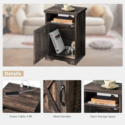 AMERLIFE 3 Piece Farmhouse Living Room Coffee Table Set, Dark Oak | Coffee Table & 2 End Tables with Charging Station and USB Ports, Farmhouse Style, Barn Door Design, Living Room Furniture