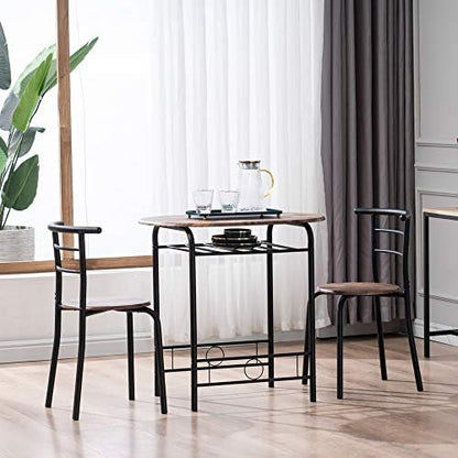 VINGLI 3 Piece Dining Set, Small Kitchen Table Set for 2, Breakfast Table Set, Kitchen Wooden Table with 2 Chairs for Small Space/Dining Room/Apartment, Metal Frame, Wine Rack, Burnt Brown