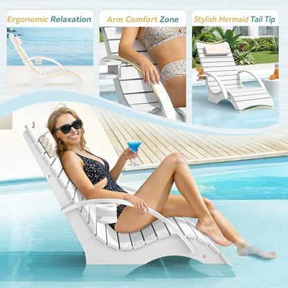 Pool Lounge Chairs with Armrest & Cup Holder, 8-10in Shallow Water | HDPS Fade Resistant, Headrest, 330lbs Capacity, Outdoor Beach Deck Sun Tanning Lounger, White