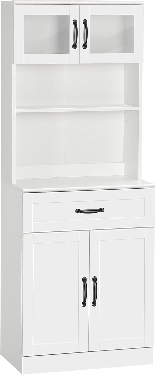 63.5in Premium Sleek 4-Door White Freestanding Kitchen Buffet Cabinet with Hutch Adjustable Shelves & Coffee Bar Modern Design