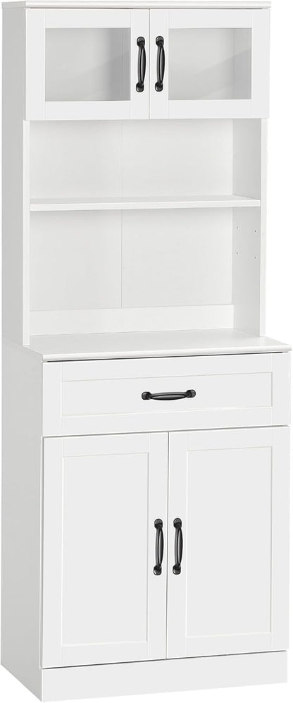 63.5in Premium Sleek 4-Door White Freestanding Kitchen Buffet Cabinet with Hutch Adjustable Shelves & Coffee Bar Modern Design