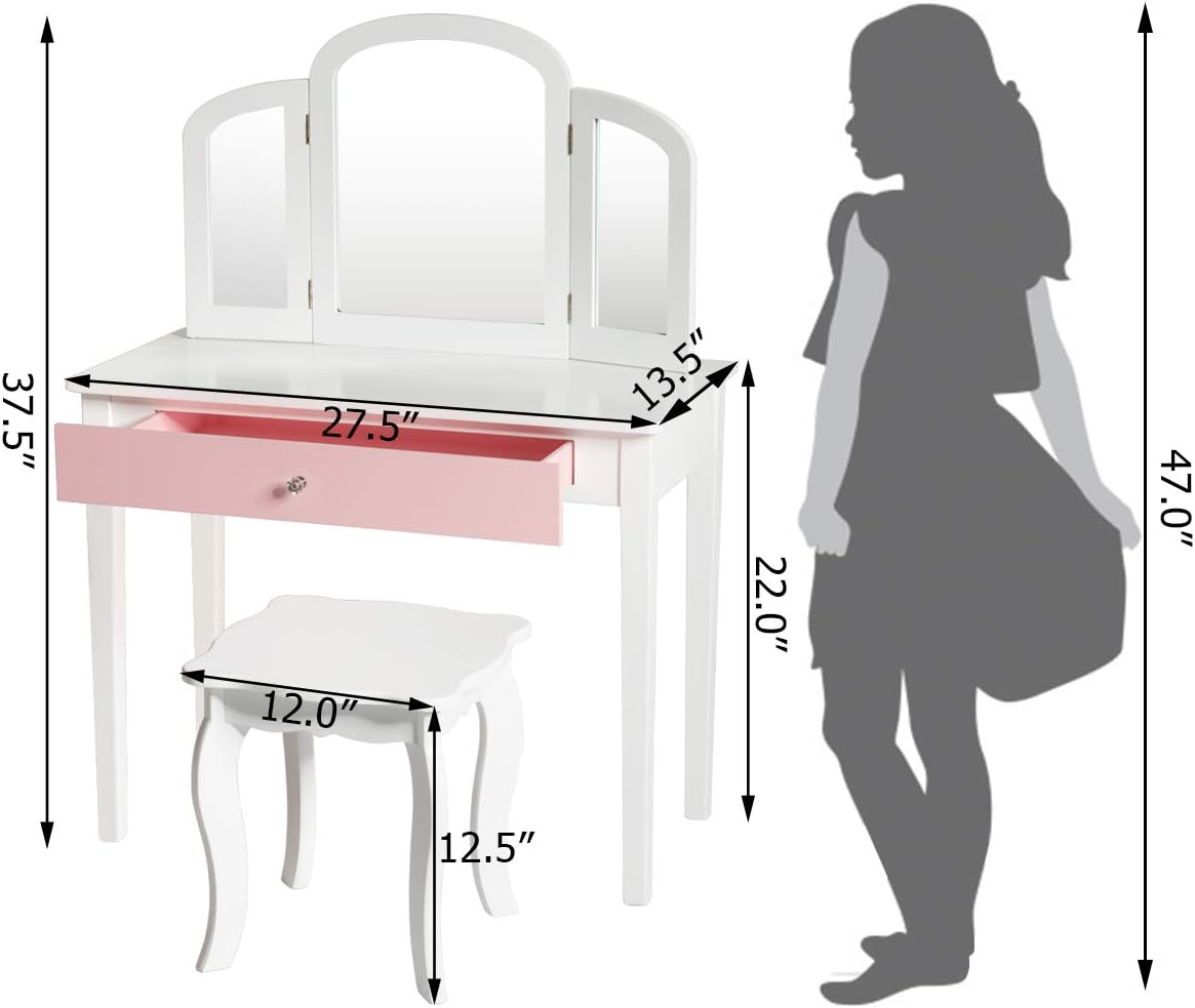 Costzon Kids Vanity, Girls Vanity Set with Tri-Folding Mirror, Stool, Storage Drawer, Princess Toddler Makeup Vanity Desk Dressing Table, Wooden Kids Vanity Table and Chair Set (White)