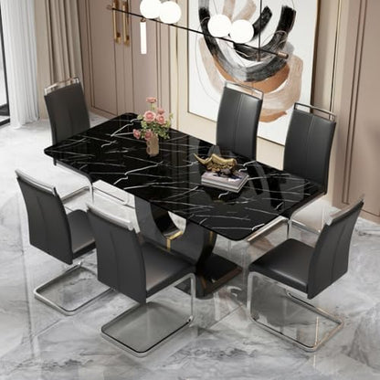 71" Modern Dining Table Set for 6, Black Faux Marble Dining Table with 6 Upholstered Chairs, Large Rectangle Kitchen Table Set, Tempered Glass Tabletop, U-Shaped Base, Ideal for Dining Room
