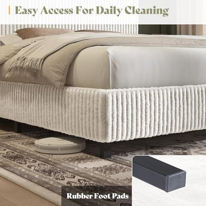 AMERLIFE Full Bed Frame, Upholstered Metal Platform Bed, Cream