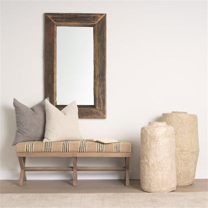 Pemberly Row Upholstered Accent Bench, 50L x 16W x 18.8H, Mango Wood Base, Beige/Black Stripe Jute Cushion, Farmhouse Global-Inspired Design, Versatile Kitchen or Living Room Seating