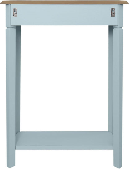 East at Main Marnie Blue Narrow Console Table for Entryway with Drawer | 23.75-inch slim hallway table with lower shelf, powder blue and natural wood finish, coastal furniture for small spaces