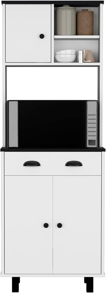 67" H Kitchen Pantry with Two Cabinets, Two Open Shelves, and One Drawer,White/Black