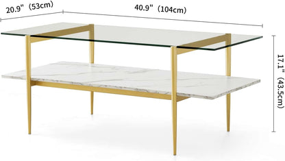Rectangle Coffee Table for Living Room, Mid-Century Modern Design, L41 x W21 x H17, 2-Tier Structure, Clear Glass Top and White Marble Finish Wood Shelf, Conical Legs with Gold Finish