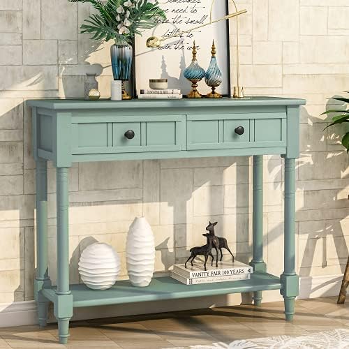 Bellemave Console Table with 2 Drawers & Bottom Shelf, Retro Entryway Table with Storage & Turned Roman Legs, Solid Wood Sofa Tables for Entrance, Hallway, Living Room (Green/35)