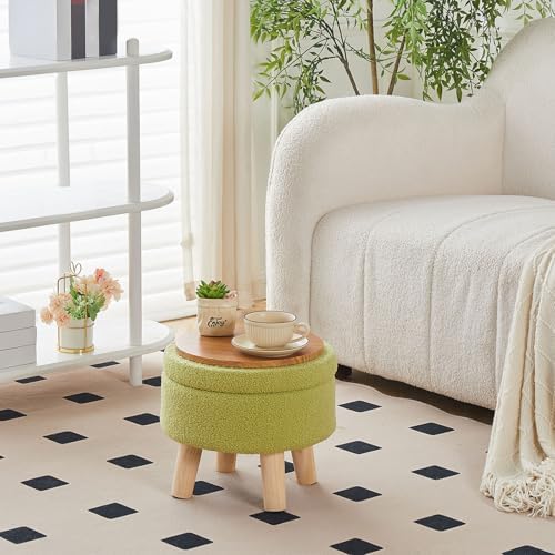 Wimarsbon Storage Ottoman, Modern Round Footrest with Soft Padded Seat, Teddy Velvet Footstool with Wood Legs, Accent Small Table or Plant Stand for Hallway, Living Room (Brilliant Green)