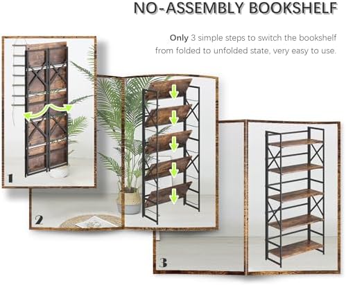 4NM 5 Tiers No Assembly Book Shelves, 51.2" H Folding Bookshelf Bookcase Open Industrial Foldable Shelves for Bedroom, Living Room, Home Office - Rustic Brown Black