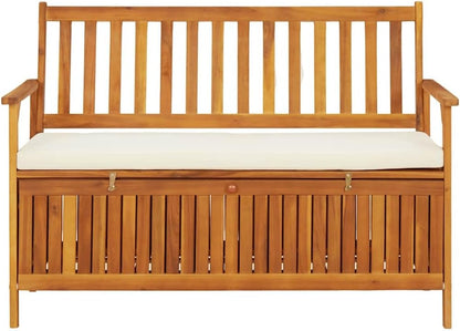 Patio Storage Bench, Solid Acacia Wood Outdoor Garden Bench with Seating for 2, Rustic Entryway Storage Settee with Soft Cushion for Deck, Porch or Mudroom, 47.2 x 24.8 x 33.1 in