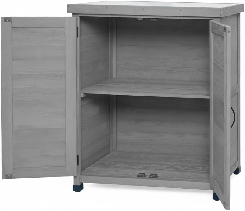 31" Weatherproof Small Storage Cabinet, Storage Cabinets with Premium Hemlock Wood, Tool Cabinet with Magnetic Door for Patio & Garage, Gray