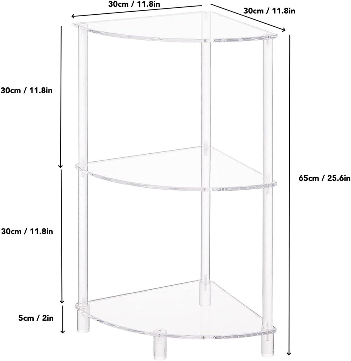 Corner Shelf, 3 Tier Acrylic Corner Side Table, 25.6 inch Standing Triangle End Table, Modern Home Display and Storage Shelf, Small Bedside Tables for Bedroom, Living Room,