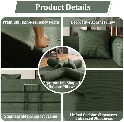 53.15'' Convertible Compressed Corduroy Folding Cloud Sofa Bed, Modern Pull Out Loveseat Sleeper in a Box, 4 in 1 Floor Mattress Futon Cloud Couch, No Assembly Needed, Green, 2 Pillows, Full