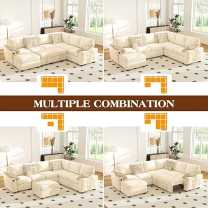 Ihanherry 106-inch Large L-Shaped Sectional Sofa Bed, 7-Seater Convertible Pull Out Sleeper with Storage Ottoman, 4 Pillows & USB Charging Ports, Premium Chenille Fabric for Big Living Room（Beige）