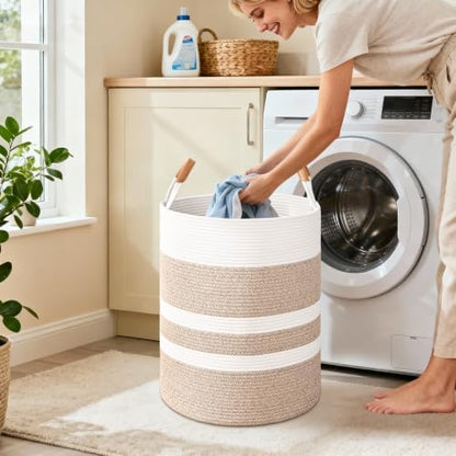 Large Laundry Basket, Laundry Hamper with Leather Handles, 60L Woven Dirty Clothes Hamper, Rope Hampers for Bedroom, Barthroom, Brown