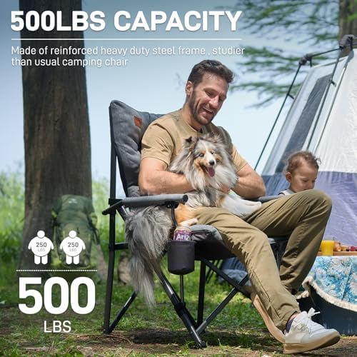 EVER ADVANCED Padded Oversized Folding Camping Chair for Adults, Heavy Duty Lawn Chair with Side Pockets, Portable Collapsible Quad Chair for Outside, Support Up to 500lbs, Grey