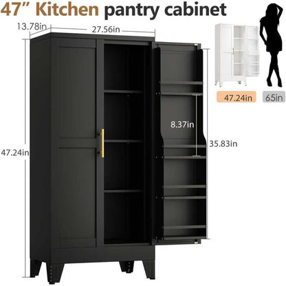 PAOFIN 47" Kitchen Pantry Cabinet, Metal Storage Cabinet with 3 Adjustable Layer Shelves, 8 Door Shelves, Buffet Sideboard for Living Room, Kitchen, Black
