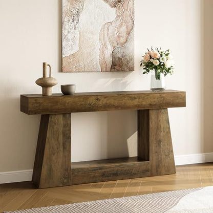 LITTLE TREE 63" Farmhouse Console Table with Storage, Rustic Sofa Table for Entryway, Narrow Long Sofa Table Behind Couch, Console Table for Living Room, Hallway—Versatile Storage Solution, Oak
