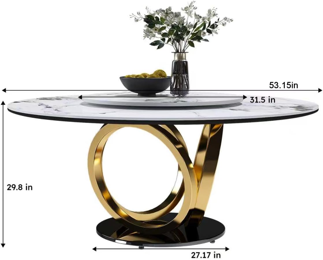 Montary 53” Modern Round Dining Table for 4-8 Seat, Artificial Marble Dining Room Table with Lazy Susan, 3 Gold Circles Stainless Steel Base, Sintered Stone Top Dining Table (Only Table)