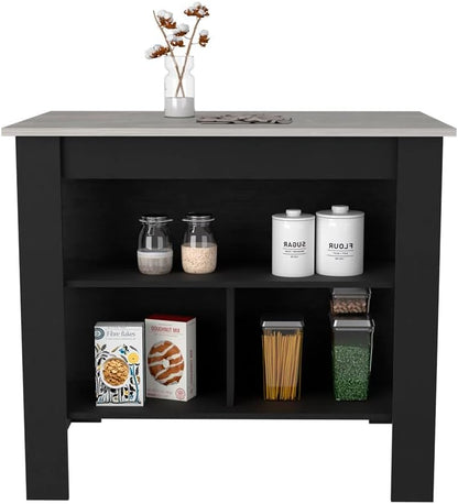 Kitchen Island Dozza with Three Shelves Black and Ibiza Marble Finish | Three storage shelves with varying dimensions for organized kitchen storage