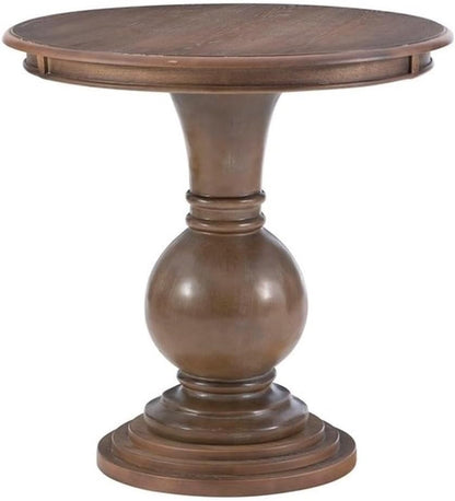MAKLAINE Round Accent Table, 26.5" High, Engineered Wood, Rustic Natural Finish, Turned Pedestal, Stepped Base, Compact Design, Decorative Display or End Table for Living Room, Bedroom, Small Spaces