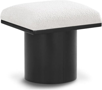 MAKLAINE Cream Boucle Fabric Bench/Stool, 15.5" W x 18" D x 17.5" H, Oak Veneer with Black Finish, 4" Thick Channel-Tufted Seat Cushion, Art Deco Design, Modular Living Room or Entryway Seating